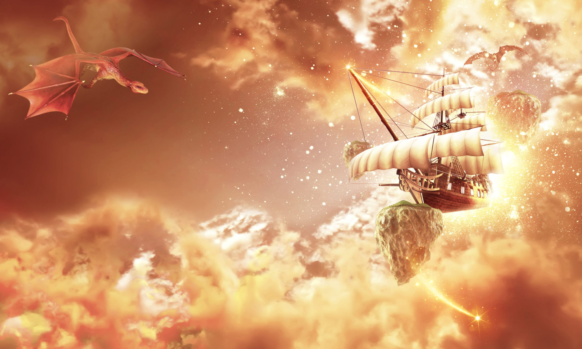 flying ship emerging from orange sunset clouds