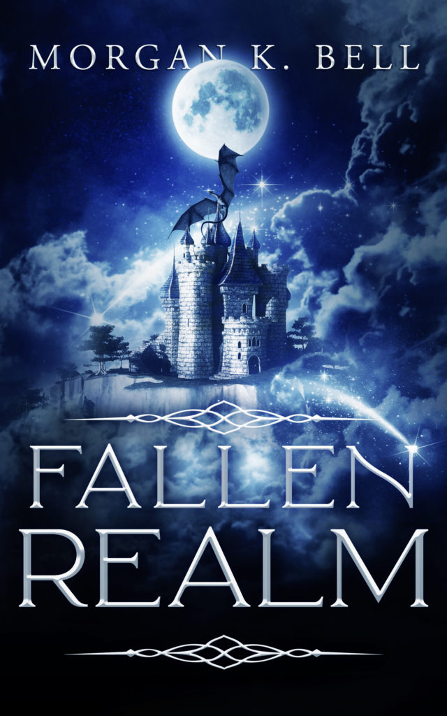 Fallen Realm cover art, blue and white nighttime scene with castle rising up out of clouds and a dragon perched on top, with the moon in the background