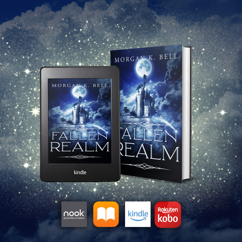 Physical and kindle versions of Fallen Realm on a sparkly blue background with store icons for Nook, Apple Books, Kindle, and Kobo
